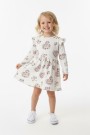 Kız Çocuk Çiçek ve Kalp Desenli Fırfır Detaylı Uzun Kollu Fitilli Elbise