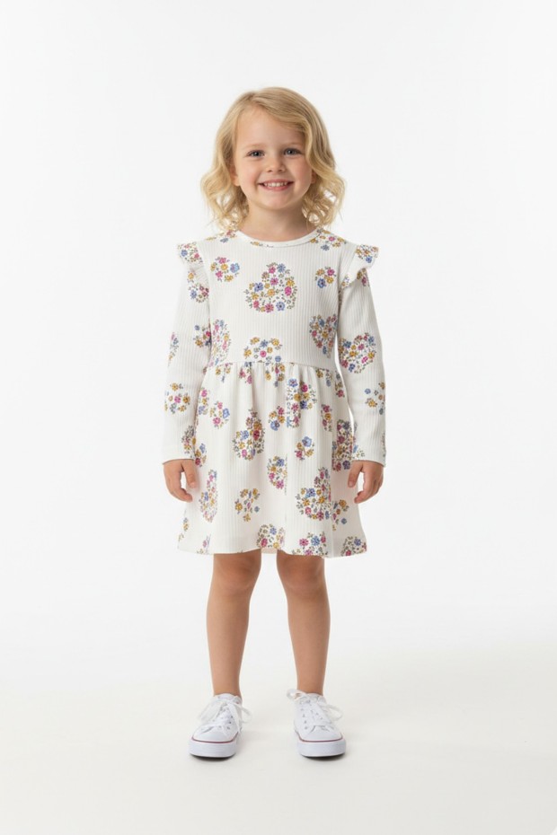 Kız Çocuk Çiçek ve Kalp Desenli Fırfır Detaylı Uzun Kollu Fitilli Elbise