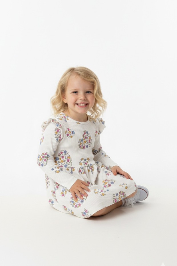 Kız Çocuk Çiçek ve Kalp Desenli Fırfır Detaylı Uzun Kollu Fitilli Elbise