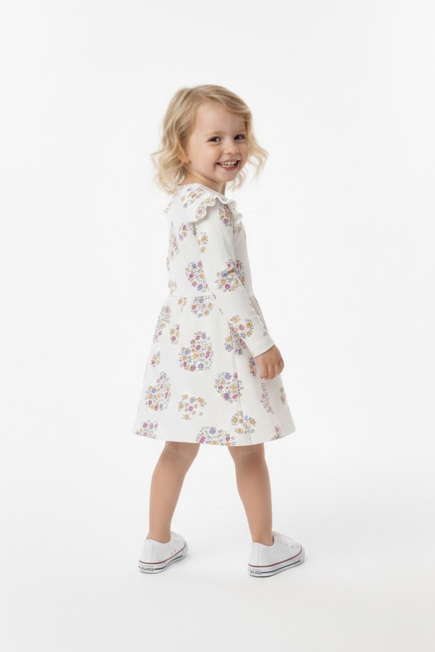 Kız Çocuk Çiçek ve Kalp Desenli Fırfır Detaylı Uzun Kollu Fitilli Elbise