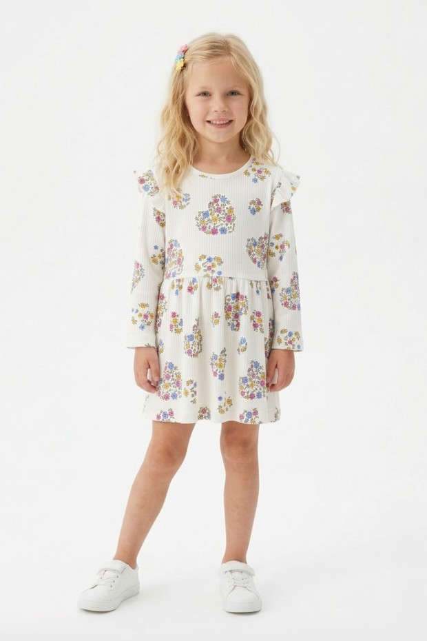 Kız Çocuk Çiçek ve Kalp Desenli Fırfır Detaylı Uzun Kollu Fitilli Elbise