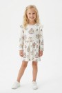 Kız Çocuk Çiçek ve Kalp Desenli Fırfır Detaylı Uzun Kollu Fitilli Elbise