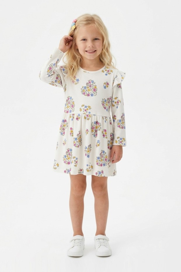 Kız Çocuk Çiçek ve Kalp Desenli Fırfır Detaylı Uzun Kollu Fitilli Elbise