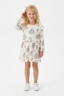 Kız Çocuk Çiçek ve Kalp Desenli Fırfır Detaylı Uzun Kollu Fitilli Elbise