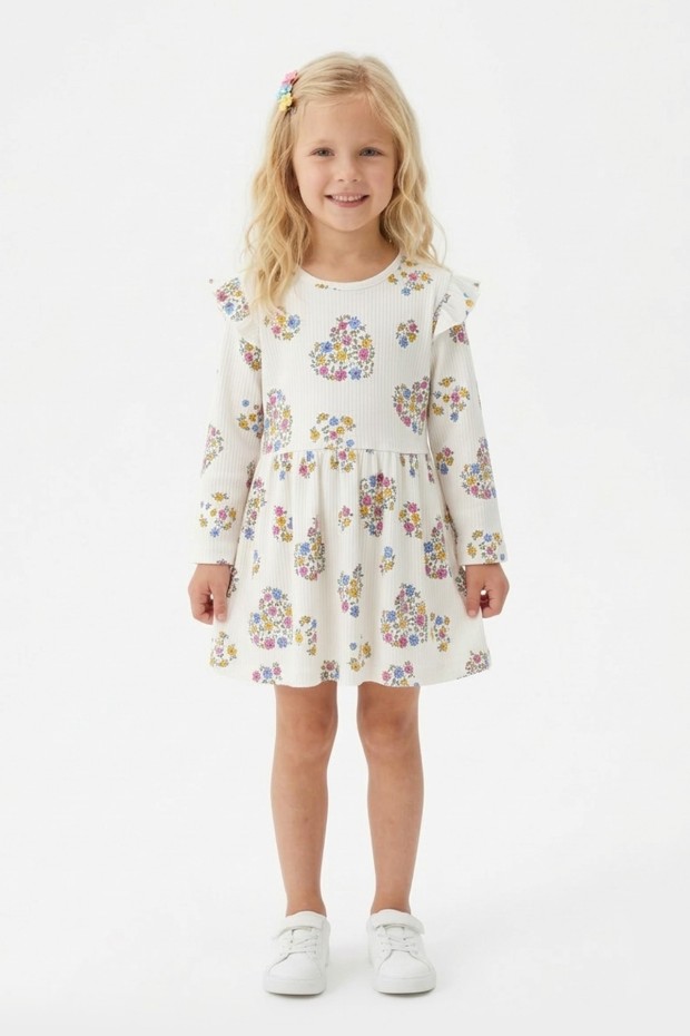Kız Çocuk Çiçek ve Kalp Desenli Fırfır Detaylı Uzun Kollu Fitilli Elbise