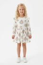 Kız Çocuk Çiçek ve Kalp Desenli Fırfır Detaylı Uzun Kollu Fitilli Elbise