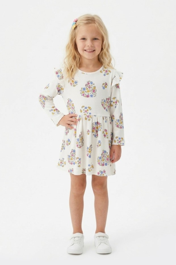 Kız Çocuk Çiçek ve Kalp Desenli Fırfır Detaylı Uzun Kollu Fitilli Elbise