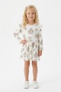 Kız Çocuk Çiçek ve Kalp Desenli Fırfır Detaylı Uzun Kollu Fitilli Elbise