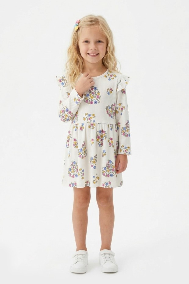Kız Çocuk Çiçek ve Kalp Desenli Fırfır Detaylı Uzun Kollu Fitilli Elbise