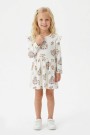 Kız Çocuk Çiçek ve Kalp Desenli Fırfır Detaylı Uzun Kollu Fitilli Elbise