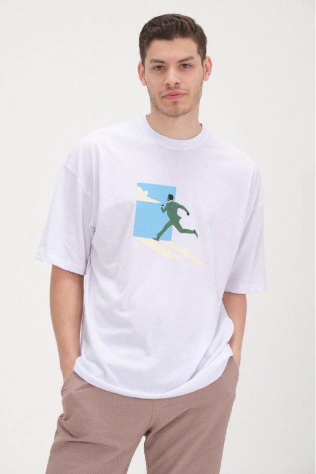 30/1 Penye Baskılı Oversize Beyaz Tişört 