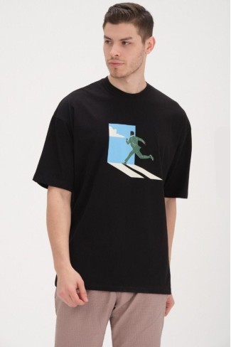 30/1 Penye Baskılı Oversize Siyah Tişört 