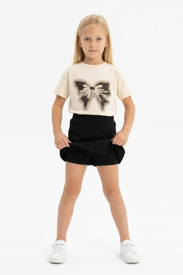 Kız Çocuk Dantel Nakışlı Fiyonk Detaylı Kısa Kollu Bisiklet Yaka Tişört Ve Lastikli Şort Etek Yazlık Takım 