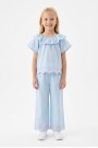 Kız Çocuk  Fisto İşlemeli Volanlı Bluz ve Geniş Paça Pantolonlu Vual Kumaş Takım