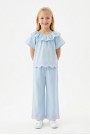 Kız Çocuk  Fisto İşlemeli Volanlı Bluz ve Geniş Paça Pantolonlu Vual Kumaş Takım