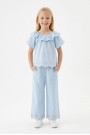Kız Çocuk  Fisto İşlemeli Volanlı Bluz ve Geniş Paça Pantolonlu Vual Kumaş Takım