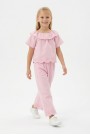 Kız Çocuk  Fisto İşlemeli Volanlı Bluz ve Geniş Paça Pantolonlu Vual Kumaş Takım