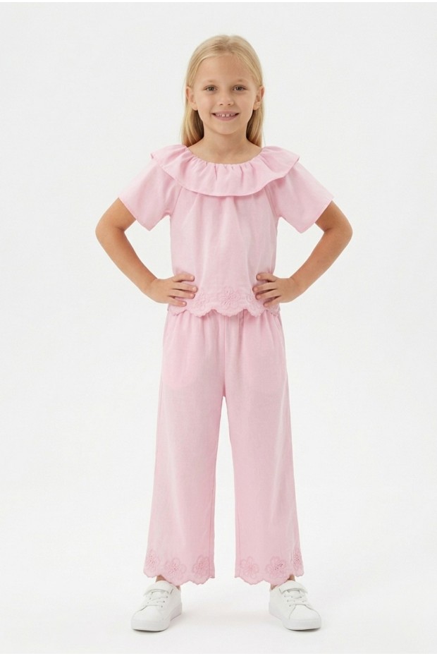 Kız Çocuk  Fisto İşlemeli Volanlı Bluz ve Geniş Paça Pantolonlu Vual Kumaş Takım