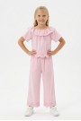Kız Çocuk  Fisto İşlemeli Volanlı Bluz ve Geniş Paça Pantolonlu Vual Kumaş Takım