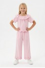 Kız Çocuk  Fisto İşlemeli Volanlı Bluz ve Geniş Paça Pantolonlu Vual Kumaş Takım