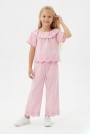 Kız Çocuk  Fisto İşlemeli Volanlı Bluz ve Geniş Paça Pantolonlu Vual Kumaş Takım