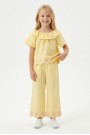 Kız Çocuk  Fisto İşlemeli Volanlı Bluz ve Geniş Paça Pantolonlu Vual Kumaş Takım