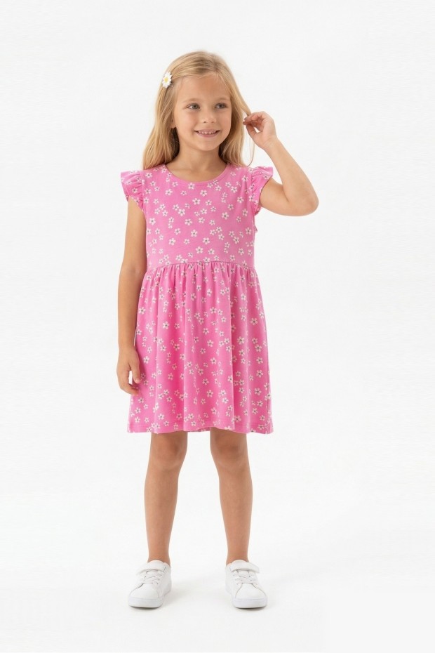 Kız Çocuk Sıfır Kol Papatya Desenli Bel Büzgülü %100 Pamuk Süprem Kumaş Yazlık Elbise