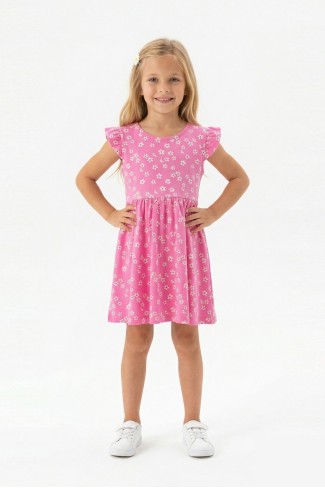 Kız Çocuk Sıfır Kol Papatya Desenli Bel Büzgülü %100 Pamuk Süprem Kumaş Yazlık Elbise