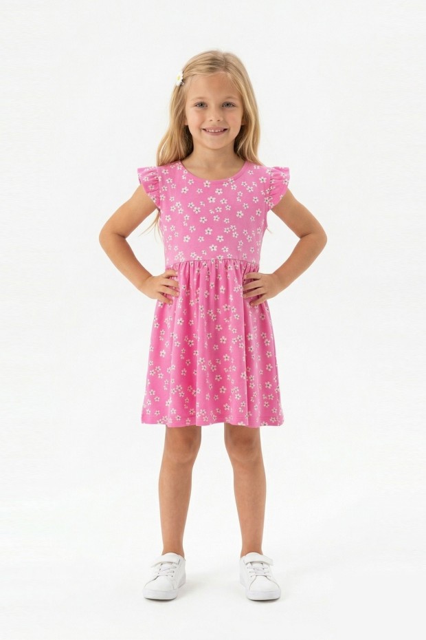 Kız Çocuk Sıfır Kol Papatya Desenli Bel Büzgülü %100 Pamuk Süprem Kumaş Yazlık Elbise