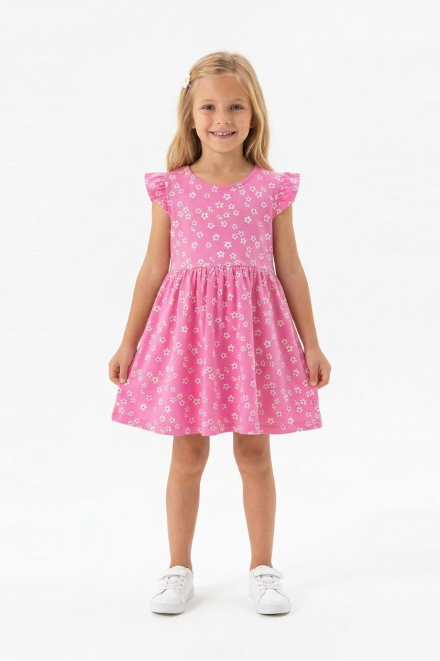 Kız Çocuk Sıfır Kol Papatya Desenli Bel Büzgülü %100 Pamuk Süprem Kumaş Yazlık Elbise