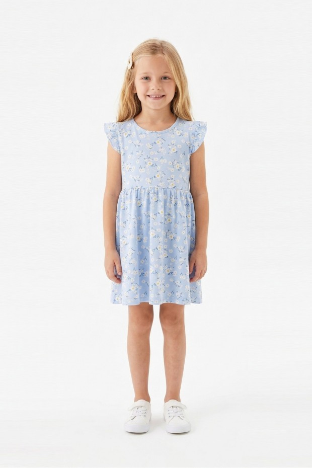 Kız Çocuk Sıfır Kol Papatya Desenli Bel Büzgülü %100 Pamuk Süprem Kumaş Yazlık Elbise