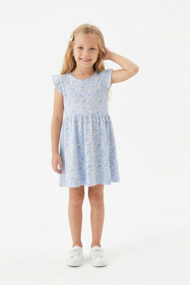 Kız Çocuk Sıfır Kol Papatya Desenli Bel Büzgülü %100 Pamuk Süprem Kumaş Yazlık Elbise