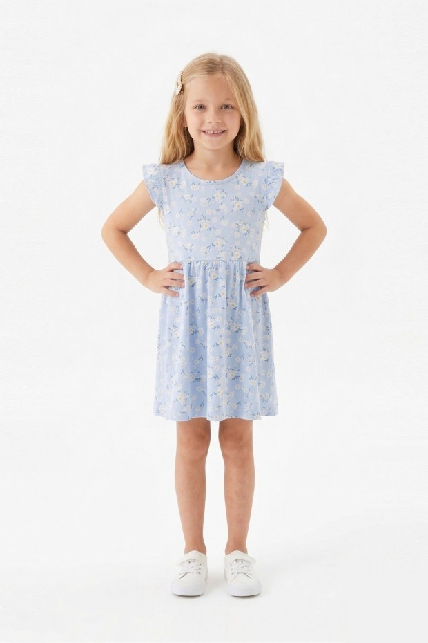 Kız Çocuk Sıfır Kol Papatya Desenli Bel Büzgülü %100 Pamuk Süprem Kumaş Yazlık Elbise