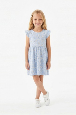 Kız Çocuk Sıfır Kol Papatya Desenli Bel Büzgülü %100 Pamuk Süprem Kumaş Yazlık Elbise