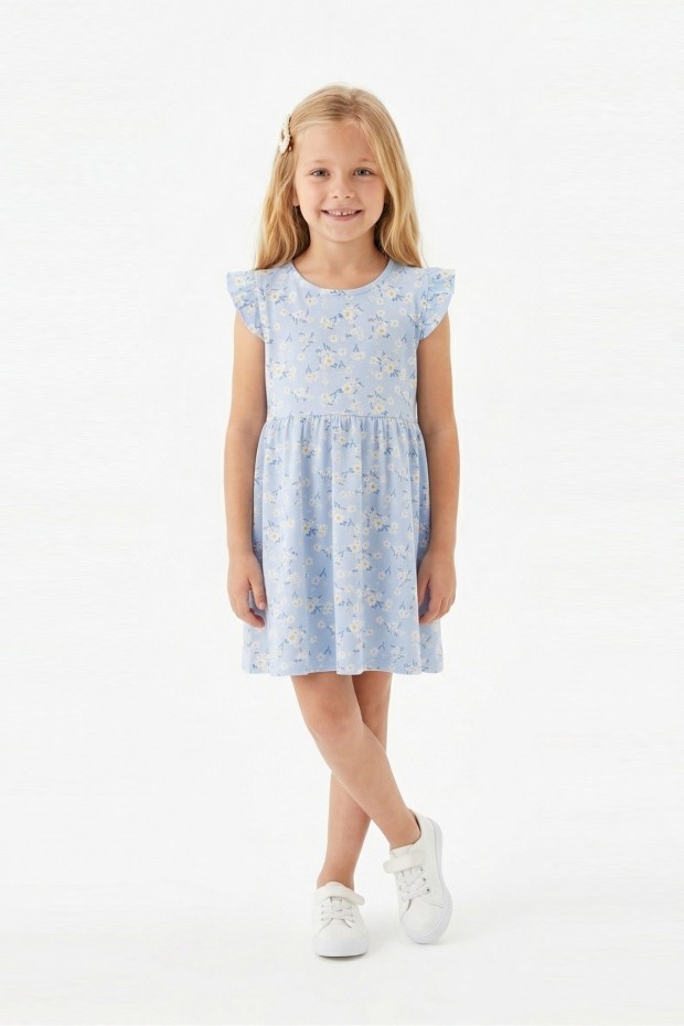 Kız Çocuk Sıfır Kol Papatya Desenli Bel Büzgülü %100 Pamuk Süprem Kumaş Yazlık Elbise
