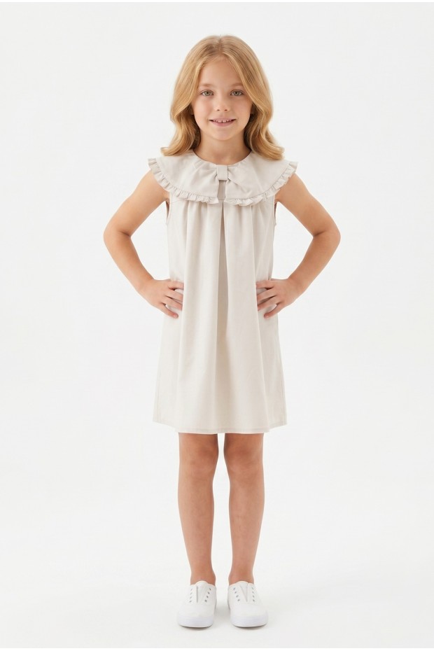 Kız Çocuk %100 Pamuk Poplin Kumaş Ön Fiyonklu Yaka Fırfırlı Astarlı Arkası Düğmeli Sıfır Kol Elbise