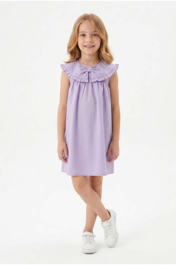 Kız Çocuk %100 Pamuk Poplin Kumaş Ön Fiyonklu Yaka Fırfırlı Astarlı Arkası Düğmeli Sıfır Kol Elbise