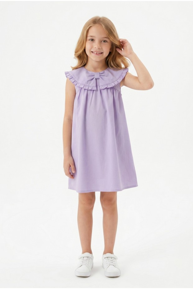 Kız Çocuk %100 Pamuk Poplin Kumaş Ön Fiyonklu Yaka Fırfırlı Astarlı Arkası Düğmeli Sıfır Kol Elbise