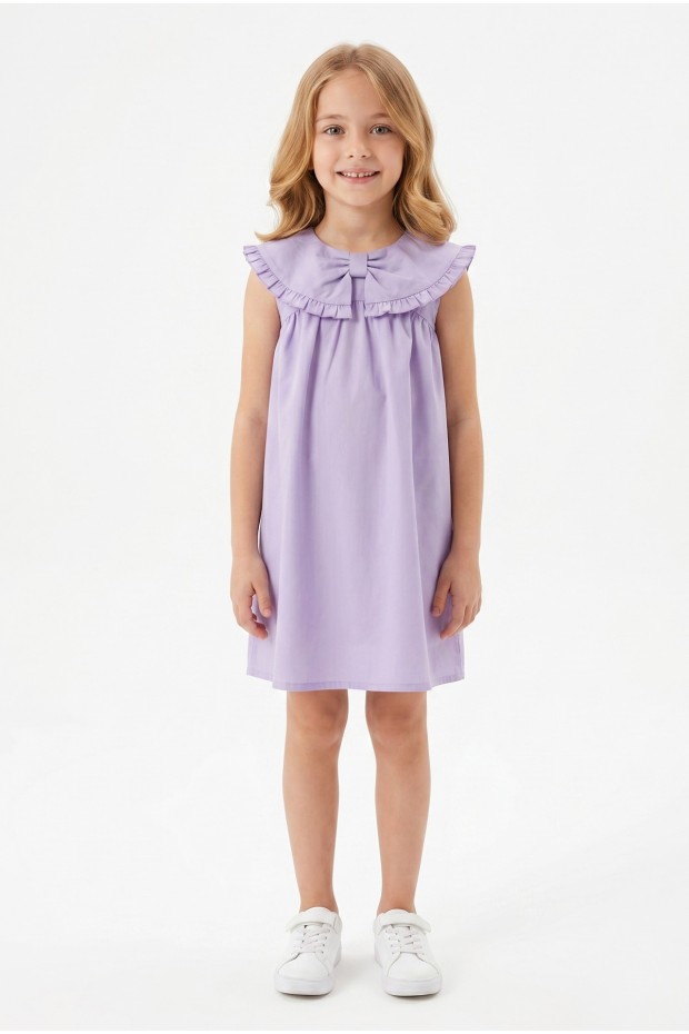 Kız Çocuk %100 Pamuk Poplin Kumaş Ön Fiyonklu Yaka Fırfırlı Astarlı Arkası Düğmeli Sıfır Kol Elbise