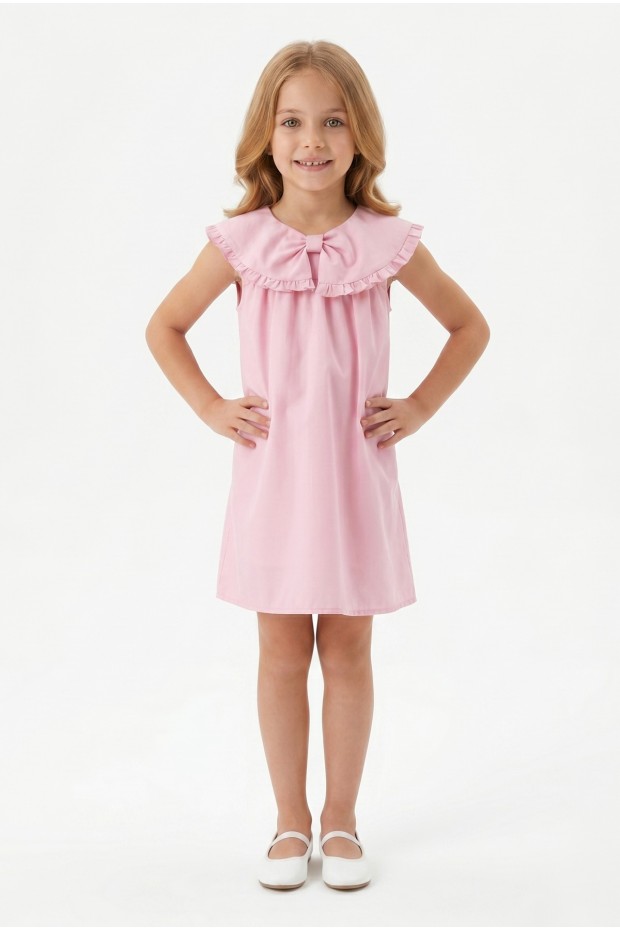 Kız Çocuk %100 Pamuk Poplin Kumaş Ön Fiyonklu Yaka Fırfırlı Astarlı Arkası Düğmeli Sıfır Kol Elbise