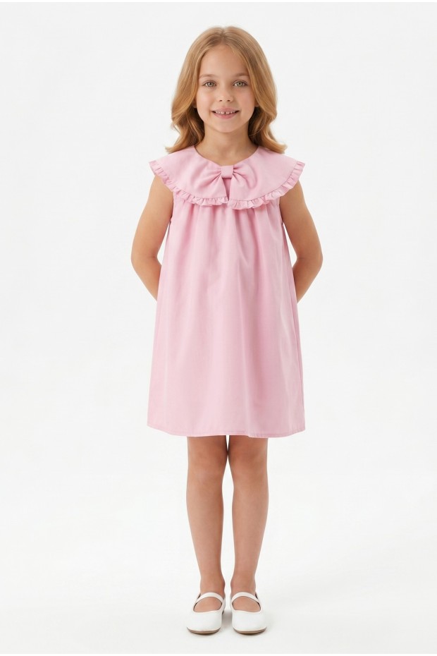 Kız Çocuk %100 Pamuk Poplin Kumaş Ön Fiyonklu Yaka Fırfırlı Astarlı Arkası Düğmeli Sıfır Kol Elbise