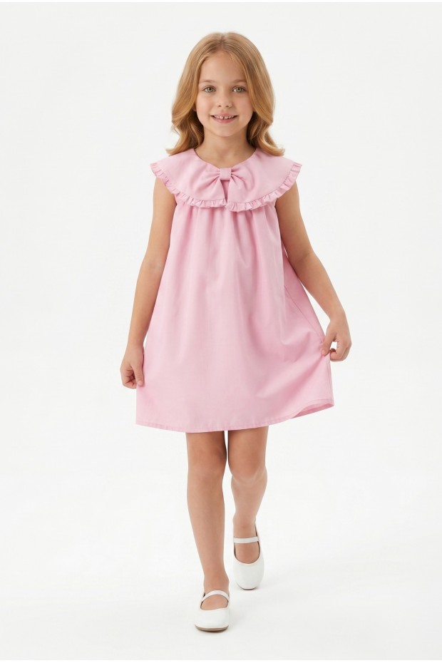 Kız Çocuk %100 Pamuk Poplin Kumaş Ön Fiyonklu Yaka Fırfırlı Astarlı Arkası Düğmeli Sıfır Kol Elbise