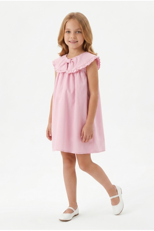 Kız Çocuk %100 Pamuk Poplin Kumaş Ön Fiyonklu Yaka Fırfırlı Astarlı Arkası Düğmeli Sıfır Kol Elbise