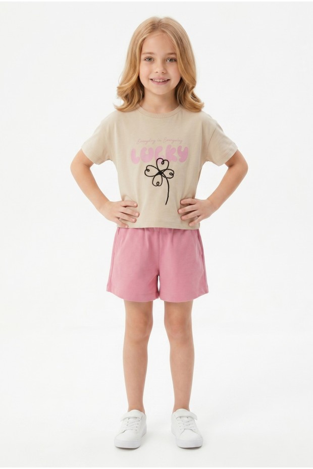 Kız Çocuk %100 Pamuk Lucky Baskılı Süprem Tişört Alt İki İplik Cepli Şortlu Takım