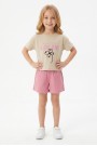 Kız Çocuk %100 Pamuk Lucky Baskılı Süprem Tişört Alt İki İplik Cepli Şortlu Takım
