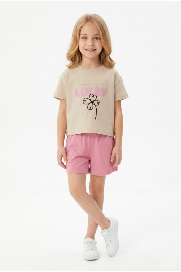 Kız Çocuk %100 Pamuk Lucky Baskılı Süprem Tişört Alt İki İplik Cepli Şortlu Takım