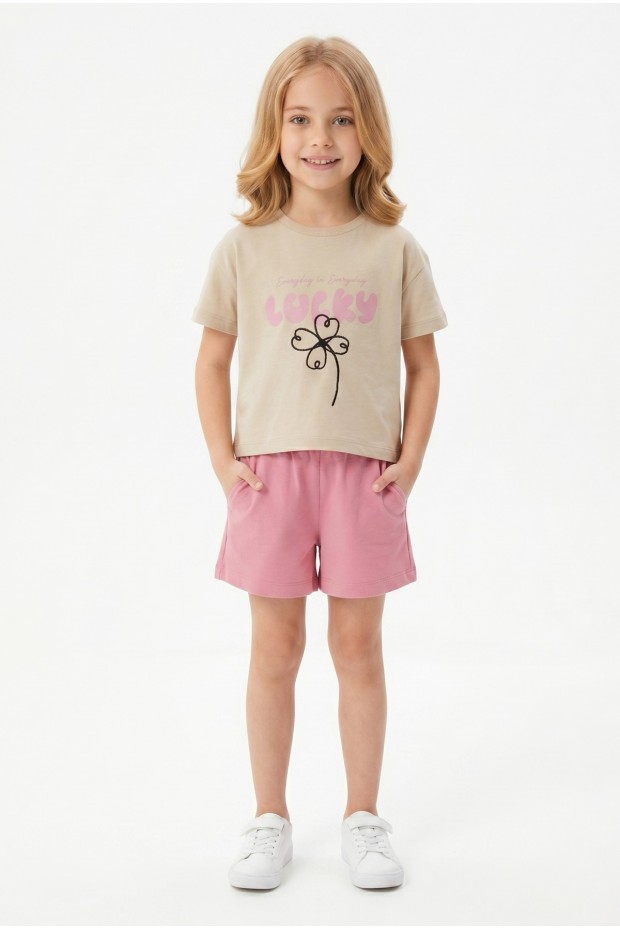 Kız Çocuk %100 Pamuk Lucky Baskılı Süprem Tişört Alt İki İplik Cepli Şortlu Takım