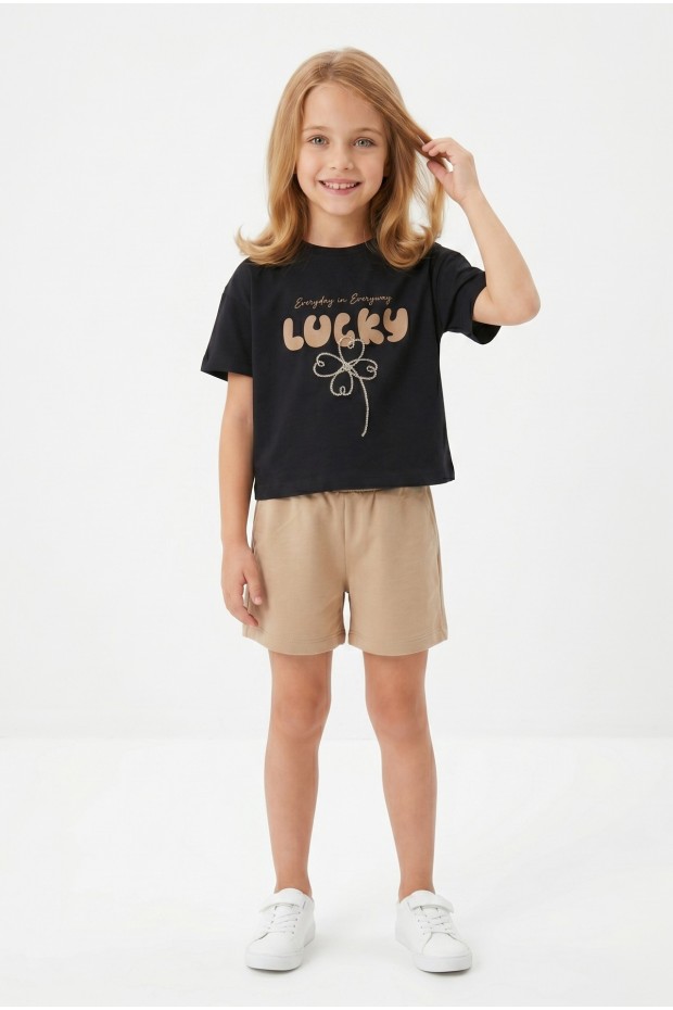 Kız Çocuk %100 Pamuk Lucky Baskılı Süprem Tişört Alt İki İplik Cepli Şortlu Takım