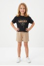 Kız Çocuk %100 Pamuk Lucky Baskılı Süprem Tişört Alt İki İplik Cepli Şortlu Takım