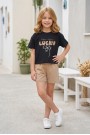 Kız Çocuk %100 Pamuk Lucky Baskılı Süprem Tişört Alt İki İplik Cepli Şortlu Takım